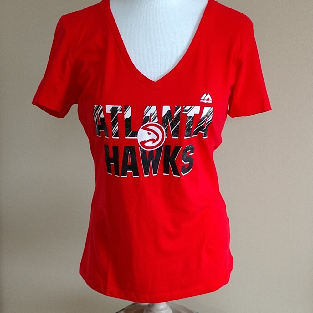 NEW Atlanta Hawks T-shirt Majestic Womens Short Sl Cotton NBA Tee Sparkle Logo M